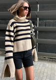 Fashion Beige Stripe High Collar Slit Long Sleeve Knit