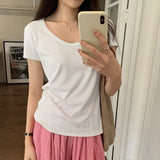 Solid Color U-Collar Short-Sleeved T-Shirt Women's Spring And Summer New Elastic Leisure Slim And Skinny Bottomed Blouse-Outfit