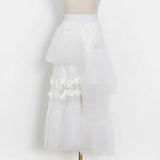Casual White Skirt For Women High Waist Patchwork Mesh Asymmetrical A Line Midi Skirts Females Summer Fashion