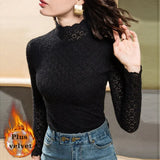 Lace Bottoming Shirt Women's 2022 Autumn And Winter Korean Plus Velvet Lace Sweater With Half-Collar Hollow Princess