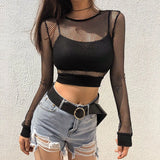 Spring And Summer Sexy Grid Hollowed-Out Short-Sleeved Navel T-Shirt For A Woman.-Outfit
