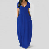 Casual Long Dress Summer 11 Colors Solid Short Sleeve Maxi Dresses Fashion Pocket V-neck Female Loose Dress Robe
