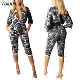 Women Summer Jumpsuit Rompers Fashion V-neck Army Green Camouflage Print Womens High Waist Platsuit Calf-Length Denim