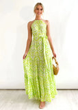 Summer New High-Waisted Beach Print Hanging Neck Dress