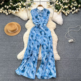 Ins Wear A Female Senior Sense Sleeveless V-Neck Tie Strap To The Belt Print Loose Broad Legs 100-Folded Jump-Fitting