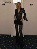 Stacked Lace Pants Women Solid Sexy See Through High Waist Slim Trouser Simple Solid Trend Female Stunning Chic Bottoms-Outfit