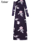 Women Sexy Single Shoulder Floral Print Mesh Slim Midi Dress Female Chic Side Zipper Pleats Asymmetrical Vestidos