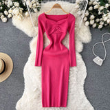 Hollow Out Sexy Knitted Dress Elegant Long Sleeve Slim Square Collar Fashion Ladies Party Bodycon Sweater Midi