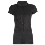 Solid Playsuits Single-Breasted Short Sleeve Bodysuits Vintage Biker Overalls Women Turn Down Collar Jumpsuits