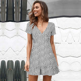 Floral Print Summer Dress Women Short Sleeve V-neck Mini Dress Casual Ruffles Female Boho Beach Dress Vestidos