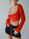 2023 Sexy Y2K Women Mesh Sheer T-shirts Exposed Navel Crop Tops Long Sleeve Square Neck Tie-Up See Through T-shirts-Outfit