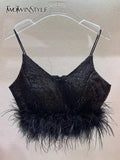 Solid Patchwork Feathers Camis For Women V Neck Sleeveless Minimalist Tank Tops Female Summer Clothing Style
