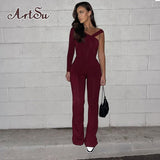 Solid Knitted Two Piece Set Women Sexy Skinny Bandage One Shoulder Sleeve Bodysuit + Slim Pencil