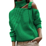 Off Shoulder Knitted Sweater Adjustable Buckle Twist Decor Long Sleeve One Turtleneck Pullover Sweater Female