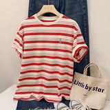 Striped Short-Sleeved Embroidered T-Shirt Women's Summer New Design Chic Loose Leisure All-Purpose Commuter Shirt-Outfit