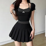 Bow Square Collar Waist Shows Thin Collision Color Two-Piece T-Shirt Sweet Girl Hanging Neck Short-Sleeved Blouse-Outfit