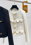 Small Fragrance Women Black Tweed Outerwear Autumn Winter Golden Button Blends Wool Female Long Sleeve Jacket