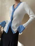 Fashion Women Knitted Cardigan V-neck Spliced Denim Flare Sleeve Contrast Color Sweater Coat Spring 2023 Trend New