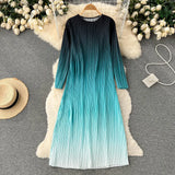Autumn Vintage Women Draped Dress Elegant Round Neck Long Sleeve Loose Pleated Robe Female Casual Gradient Vestidos New
