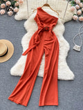 Fashion Sashes Irregular Women Jumpsuits Summer 2022 Solid Temperament Slim Ladies Diagonal Neck Wide Leg