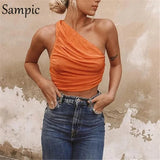 Sexy Women 2020 One Shoulder Ruched Crop Tops Ladies White Club Basic Camis Backless Sleeveless Tank Tops