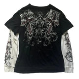 E-Gir Gothic Grpahics T-Shirt Vintage Gothic Printed Round Collar Loose Shirt Y2K-Outfit