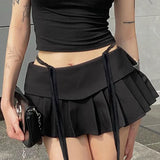 Color Waist Ribbon Design Feeling Pleated Skirt Girl Summer Sweet And Spicy Girl Style Low Waist Skirt Short Skirt-Outfit