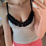 Polka Dot Crop Top Sexy Buttons Contrast Lace Patchwork V-neck Camisole Coquette Casual Basic Tank Tops All-match-Outfit