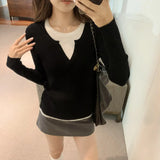 Ins Color Splicing Fake Two Long-Sleeved Tops Women's New Minority Autumn And Winter Knitted Bottomed Sweaters-Outfit