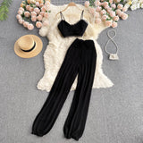 Women Summer Design Knitted Set Sexy Sleeveless V Neck Short Strap Tops+Chic Hollow Wide Leg Long Pants Two Piece