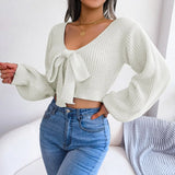 Autumer Winter Knit Elegant Sexy V Neck Chic Women Sweater Lantern Sleeve Pollover Short Bow Tie Korean Style Jumper