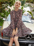 Boho Style Floral Print Pleated Dress Long Sleeve Women Mini Dress O Neck Loose Ladies Dresses Beach Sundress Ropa