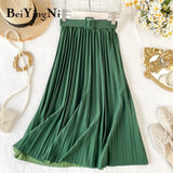 Korean Style Pleated Midi Skirt Women Casual New Fashion High Elastic Waist Skirts Black Pink Elegant Skirt Belt
