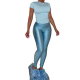 Women's Simple Solid Color Round Collar Short-Sleeved T-Shirt Tight Trousers Two