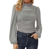 New T Shirt Women Clothing Solid Stand Neck Long Sleeve Plus Size Fashion Ruched Chic Tops Ladies Casual Slim Tee