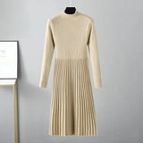 Women Knitted Pleated Dress Winter Solid Stand Neck Sweater Thick Slim Midi Long Dress 2022 Casual Soft Warm