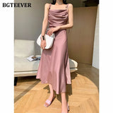 Elegant Chic Slash Neck Sleeveless Women Solid Dress Summer New Spaghetti Strap Lace-up Slim Waist Ladies Vestidos