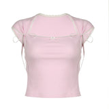 Desire Pink Flying Sleeves Design Pink T-Shirt With Slim Neck Girl Blouse 2024 Summer New Style-Outfit