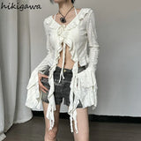 Tops Vintage Blouse Women Streetwear Sexy Fashion Shirts V-neck Slim Fit Ruffles Hole Irregular Blouses Camisas De Mujer-Outfit