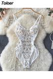 See Through Mesh Patchwork Flowers Embroidery Bodysuit Women Adjustable Spaghetti Strap Padded Lace Up Bandage Body
