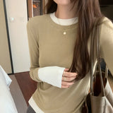 Collision Design Two Long-Sleeved T-Shirts Women's Autumn And Winter New Slim Cashmere Warm Bottomed Blouse-Outfit