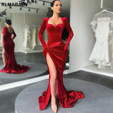 Elegant Autumn Winter Evening Party Floor-Length Bodycon Dress With Gloves Low Neck High Split Fold Women Club Velvet