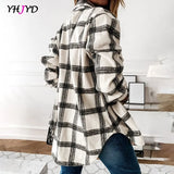 Plaid Top Spring Autumn Women's Shirt Street Fashion Thick Long Sleeve Button Collar Clothing Pink Beige Black Tops