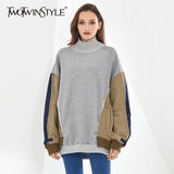 Patchwork Sweatshirt For Women Turtleneck Batwing Long Sleeve Hit Color Pullovers Sweatshirts Female 2021
