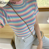 New Arrival Summer Women T Shirt Korean Colorful Striped Crop Top Tee Harajuku Streetwear Stand Collar T Shirts