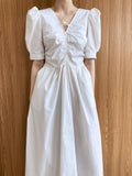 Ruched Shirred Waist Puff Sleeve Buckle V-neck Dress Blue Black White Summer Elegant Short Sleeve Women Long