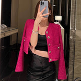 Vintage Small Fragrant Elegant Rose Tweed Short Jacket Coats For Women Autumn Long Sleeve Female Single-Breasted