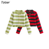 Women Fashion O Neck Golden Breasted Striped Short Knitting Sweater Femme Chic Long Sleeve Slim Cardigan Coat Tops