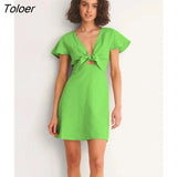 Summer V-Neck Women Hollow Out Dress Bow Flying Sleeve Pencil Dress Mini High Waist Sexy Robe Cotton Elegant Dresses