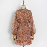 Floral Print Dress Women Clothing Colorblock High Waist Stand Collar Lantern Sleeve Mini Dresses Female 2022